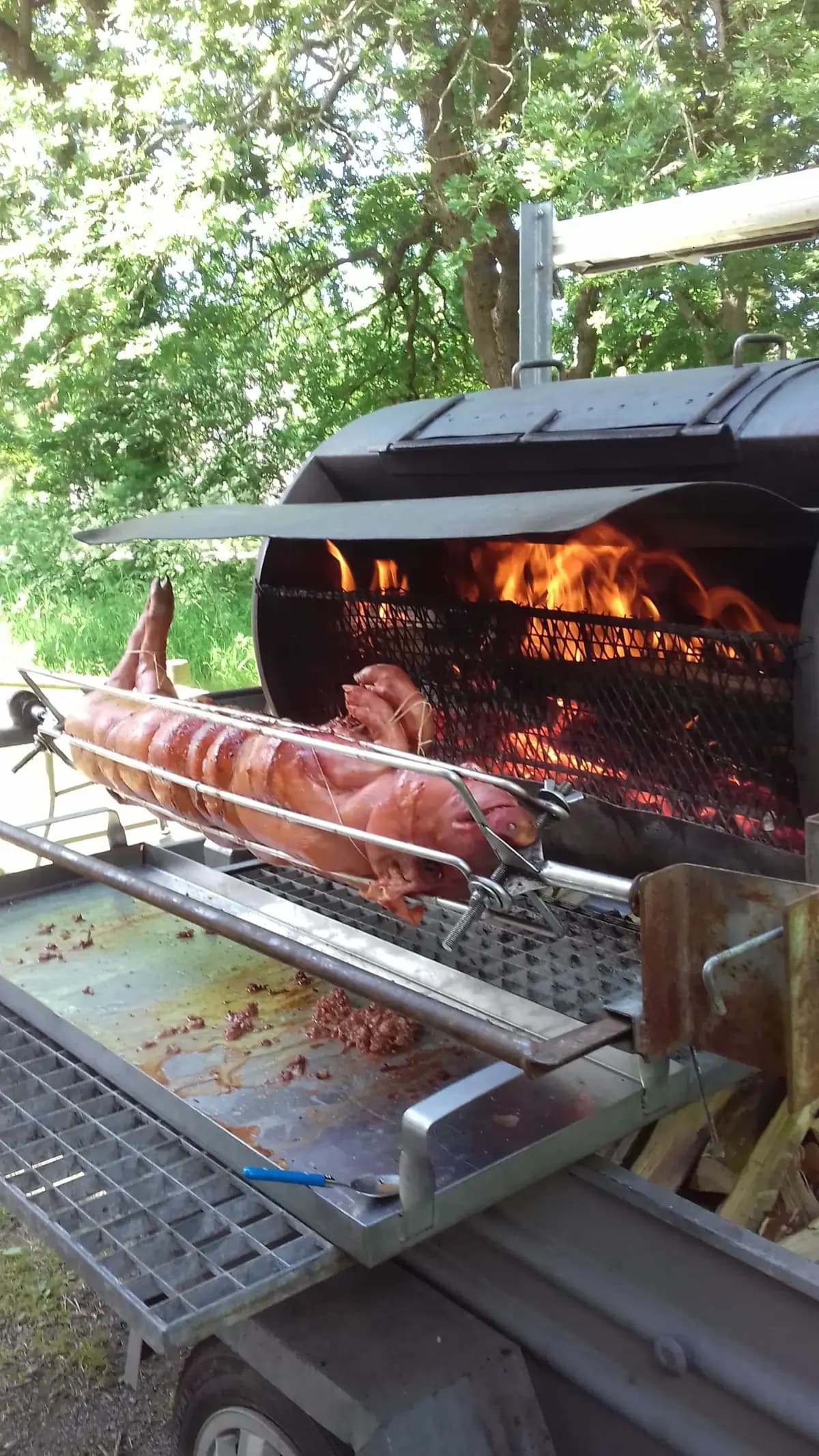 Cochon à la broche au feu de bois